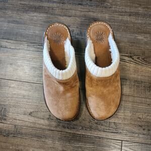 UGGs Australia Women's size 9 Suede Clogs shoes Knit collar chestnut brown b38